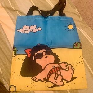 Blue & Yellow Mafalda Cartoon Tote Bag with Black Handles
